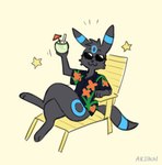 2024 :3 akibun alex_(epic_alex_furry) aloha_shirt anthro anthrofied beach_chair beverage black_body black_fur blue_markings bottomless clothed clothing coconut coconut_drink colored crossed_legs digital_drawing_(artwork) digital_media_(artwork) drupe_(fruit) eeveelution eyewear food fruit fur generation_2_pokemon male markings nintendo pattern_clothing pattern_shirt pattern_topwear plant pokemon pokemon_(species) pokemorph shiny_pokemon shirt solo star sunglasses tail topwear umbreon