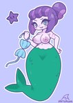 areola big_breasts blue_background blue_eyes breasts cala_maria clothed clothing cuphead_(game) eyelashes female fish_tail green_body green_scales hair hand_on_hip hi_res humanoid inverted_nipples looking_at_viewer marine merfolk mythruna navel nipples pale_skin pseudo_hair pupils purple_areola purple_hair purple_nipples scales simple_background slit_pupils smile solo split_form star tentacle_hair tentacles topless wide_hipped_female wide_hips