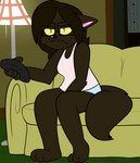 2018 3_toes 4_fingers ann_bonaventura anthro arm_tuft barefoot biped black_eyebrows black_eyewear black_glasses black_whiskers blue_clothing blue_panties blue_underwear bottomwear breasts brown_body brown_ears brown_fur brown_hair brown_tail brown_tuft cat_tail cheek_tuft chokovit_(artist) closed_frown clothed clothing colored controller detailed_background digital_drawing_(artwork) digital_media_(artwork) domestic_cat ears_down elbow_tuft eyebrow_through_hair eyebrows eyewear facial_tuft feet felid feline felis female female_anthro fingers fluffy fluffy_tail front_view frown full-length_portrait fur fur_tuft furniture glasses green_eyes green_sofa hair hi_res holding_controller holding_object holding_remote_control inside mammal no_pupils panties pantsless pantsless_anthro pantsless_female partially_clothed partially_clothed_anthro partially_clothed_female pattern_clothing pattern_shirt pattern_tank_top pattern_topwear pink_inner_ear pivoted_ears portrait prick_ears remote_control shirt sitting sofa solo striped_clothing striped_shirt striped_tank_top striped_topwear stripes tail tank_top toes topwear translucent translucent_hair tuft tv_remote underwear whiskers white_clothing white_shirt white_tank_top white_topwear yellow_sclera york_chocolate