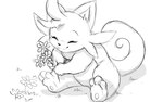 16:10 2024 3_toes ambiguous_gender anthro cattiva eyes_closed feet flower greyscale guide_lines happy holding_flower holding_object monochrome nude pal_(species) palworld plant pocketpair simple_background sitting solo toes white_background widescreen winick-lim