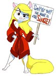 animaniacs anthro bathrobe black_eyes blonde_hair clothing english_text eyelashes female full-length_portrait fur hair holding_object holding_sign looking_at_viewer mammal minerva_mink mink mustelid musteline pink_nose portrait red_bathrobe red_clothing red_robe robe shawn_keller sign simple_background solo source_request standing tail text true_musteline warner_brothers white_background white_body white_fur yellow_tail