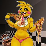 1:1 4_fingers >_< animatronic anthro avian belly bib big_eyes biped bird black_eyes bodily_fluids breasts checkered checkered_floor chicken clothing convenient_censorship curvy_figure drooling eating eating_food excited eyebrows eyes_closed female fingers five_nights_at_freddy's five_nights_at_freddy's_2 food food_fetish food_play fur galliform gallus_(genus) gradient_background long_tongue machine medium_breasts messy open_mouth panties phasianid pink_cheeks pink_clothing pink_panties pink_underwear pizza pizzeria plushie poyopop pubes pubes_exposed pypbota robot saliva scottgames sharp_teeth simple_background skindentation solo teeth thick_thighs tile tongue tongue_out toy_chica_(fnaf) toy_freddy_(fnaf) under_boob underwear wide_hips yellow_body yellow_fur yellow_skin