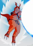 absurd_res bandai_namco claws clothed clothing costume digimon digimon_(species) digital_media_(artwork) dragon_ball dragon_ball_z flying guilmon hi_res jorge-the-wolfdog kamehameha open_mouth scalie simple_background tail