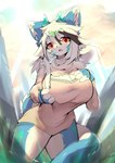 anthro big_breasts blue_body blue_fur breasts brown_hair cleavage clothed clothing domestic_cat facial_markings felid feline felis female fur green_hair hair head_markings hi_res holding_breast horn huge_breasts huge_thighs kemono looking_at_viewer mammal markings multicolored_body multicolored_fur multicolored_hair open_mouth orange_eyes qavc shirt solo standing tail thick_thighs topwear white_body white_fur white_hair wide_hips