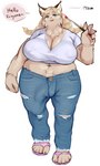 5_fingers 5_toes anthro arm_tattoo arm_tuft balls_outline big_breasts biped black_ears black_nose blonde_hair blue_eyes bodily_fluids bottomwear braided_hair braided_pigtails breasts bulge cheek_tuft claws cleavage clothed clothing colored crop_top crotch_tuft denim denim_bottomwear denim_clothing detailed_bulge dialogue digital_media_(artwork) ear_piercing ear_stud ear_tuft english_text eyelashes facial_tuft feet felid feline finger_claws fingers flip_flops fluffy footwear front_view full-length_portrait fully_clothed fur gender_symbol gender_symbol_tattoo genital_outline glistening glistening_body glistening_fur glistening_hair greeting gynomorph hair hi_res holding_object huge_breasts inner_ear_fluff intersex intersex_symbol jeans kemono long_hair looking_at_viewer lynx mammal mature_anthro mature_gynomorph mature_intersex measurements metric_unit midriff monotone_body monotone_fur monotone_hair morokko navel navel_piercing neck_tuft nipple_outline number open_mouth overweight overweight_anthro overweight_gynomorph overweight_intersex pants pawpads paws penis_outline piercing pigtails pink_clothing pink_footwear pink_pawpads pointer portrait sandals shaded shirt shoes simple_background solo speech_bubble standing sweat sweatdrop symbol talking_to_viewer tan_body tan_fur tan_inner_ear tan_inner_ear_fluff tattoo teacher text toe_claws toes topwear torn_bottomwear torn_clothing torn_jeans torn_pants tuft unit white_background white_clothing white_shirt white_topwear wide_hips