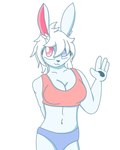 anthro breasts clothed clothing cotton_(nikoransfw) crop_top female hair heterochromia hi_res lagomorph leporid looking_at_viewer mammal nikoransfw rabbit shirt simple_background solo topwear white_background white_hair