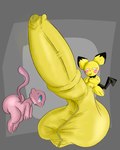 ambiguous_gender anonymous_artist anthro balls big_balls big_penis blue_eyes blush butt digital_media_(artwork) duo erection fur generation_1_pokemon generation_2_pokemon genitals hi_res huge_balls huge_penis hyper hyper_balls hyper_genitalia hyper_penis legendary_pokemon male male/ambiguous mammal mew_(pokemon) nintendo penis pichu pokemon pokemon_(species) rodent simple_background tail yellow_body yellow_fur