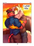 3:4 absurd_res anthro arcanine blue_eyes bodily_fluids butt clothed clothing comic crying dialogue due duo dylan_(zourik) english_text eyes_closed generation_1_pokemon generation_7_pokemon grabbing_arm hi_res i_love_you incineroar kissing leo_(zourik) male male/male muscular muscular_male nintendo pokemon pokemon_(species) porn_studio studio sunset tears text yellow_sclera zourik