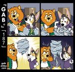 anthro base_two_layout black_eyes box bubble_wrap canid canine canis cardboard cardboard_box chow_chow clothed clothing comic container domestic_dog dropping_object duo eyewear figurine four_frame_grid four_frame_image fur gab_(comic) gabshiba glasses grey_body grey_fur grid_layout herding_dog holding_object inside korg_(gabshiba) male mammal multicolored_body multicolored_fur orange_body orange_fur pastoral_dog purple_tongue regular_grid_layout shocked slightly_chubby spitz text tongue two_row_layout url wang_chow wearing_glasses welsh_corgi white_body white_fur wrapping yellow_body yellow_fur