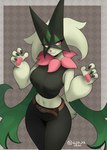 anthro belt bottomwear breasts clothed clothing felid feline female fur generation_9_pokemon green_body green_fur hi_res mammal mask meowscarada nintendo pamaht9 pants pokemon pokemon_(species) signature simple_background solo spanish_description