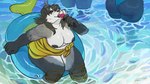 16:9 alcohol anthro bear beverage big_breasts black_nipples black_nose blizzard_entertainment breasts chopsticks_in_hair clothed clothing cocktail curvy_figure female fish floatie foot_in_water fur fur_markings grey_body group hi_res inflatable juuliska_(skarphedinn) leg_strap looking_at_viewer mammal marine markings nipples pandaren purple_eyes sarong sarong_only scar smile smiling_at_viewer solo_focus spots spotted_markings swimwear thick_thighs topless trio voluptuous warcraft water wet wet_body white_body white_fur widescreen yellow_clothing zimabel