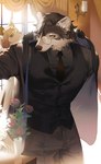 aman_(weibo) ambiguous_species anthro candle canid canine canis clothing colored dress_shirt dressing duo eyewear flower fur glasses grey_body grey_fur hi_res inside male mammal necktie pince-nez plant rose_(flower) shirt slacks suit_jacket topwear vest window wolf