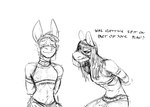 2024 angry anthro asinus bodily_fluids bound clothed clothing crossdressing dialogue donk_(hladilnik) donkey duo english_text equid equine femboy hands_behind_back hands_tied hi_res hladilnik hybrid male mammal midriff monochrome mule saliva saliva_on_face sketch smile text translucent translucent_clothing veil