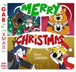 akita anthro arm_around_shoulders bau_husky blue_eyes canid canine canis chow_chow christmas christmas_clothing christmas_headwear christmas_sweater christmas_topwear clothing comic dialogue domestic_dog english_text gab_(comic) gab_shiba gabshiba group hat headgear headwear herding_dog holidays hug hugging_another hugging_from_behind husky korg_(gabshiba) looking_at_viewer male mammal nordic_sled_dog open_mouth open_smile pastoral_dog pit_bull red_nose reindeer_antlers reindeer_costume ruff_bull santa_hat shiba_inu smile speech_bubble spitz sweater talking_to_viewer text topwear voff_akita wang_chow welsh_corgi