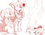 2018 3_toes 4_fingers anthro bottomless campfire candy canid canine canis clothed clothing cub_scouts dessert domestic_dog duo feet fingers fire food frown holding_food holding_object housepets! kerchief looking_at_object male mammal marshmallow monochrome neckerchief neckwear open_mouth open_smile outside red_and_white rick_griffin sitting smile standing toes topwear