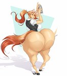 anthro ass_clapping bedroom_eyes big_butt bottom_heavy bottomless bottomless_anthro bottomless_female butt clapping clothed clothing dress_shirt dullvivid equid equine female fur hair half-closed_eyes hi_res hooves horse huge_butt mammal narrowed_eyes orange_hair ponytail seductive shirt simple_background smile smirk smug smug_face smug_grin solo tan_body tan_fur thick_thighs topwear vest white_background wide_hips