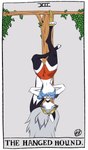 absurd_res anthro bdsm blindfold card collar female hi_res major_arcana selfdestructking simple_background solo tarot tarot_card the_hanged_man_(tarot) upside_down