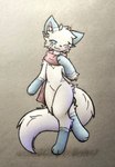 absurd_res ambiguous_gender anthro blue_body blue_eyes blue_fur del_(artist) english_text facial_markings fluffy fur head_markings hi_res horn hybrid intersex long_tail markings one_eye_closed scarf semi-anthro solo stripes tail text white_body white_fur wink