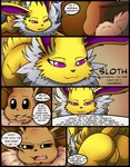 2016 absurd_res annoyed anus black_border black_nose border brown_background brown_body brown_eyes brown_fur butt canid canine casual_nudity comic cute_fangs dialogue duo eevee eeveelution english_text fan_character fangs female feral fur generation_1_pokemon genitals hi_res jolteon kuroodod male mammal neck_tuft nintendo nude open_mouth oversexed_eeveelutions pokemon pokemon_(species) purple_eyes pussy rear_view sam_(kuroodod) simple_background sloth_(kuroodod) smile speech_bubble teeth text tongue tuft white_body white_fur yellow_body yellow_fur