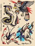 ambiguous_gender american_traditional avian bird braviary feathered_wings feathers feral fin fish flying generation_3_pokemon generation_5_pokemon group hi_res marine mossy_claws nintendo pokeball pokemon pokemon_(species) reptile rope scalie seviper shaded shark sharpedo snake soft_shading speech_scroll taillow tattoo_design wings