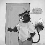 1:1 2024 anthro artist_name black_nose catatex_69 clothing comic demon dialogue digital_media_(artwork) door english_text felid feline greyscale hazbin_hotel hi_res husk_(hazbin_hotel) looking_at_object male mammal monochrome shirt solo t-shirt text topwear