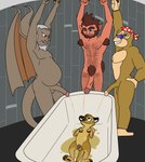 aaron_amethyst absurd_res anthro bandanna bathtub beard bodily_fluids brown_hair canid canine chastity_cage chastity_device disney donkey_kong_(series) eyewear facial_hair funky_kong gargoyle gargoyles genital_fluids genitals group hair hairy herpestid hi_res hudson_(gargoyles) kerchief kong male male/male mammal meerkat mythological_canine mythological_creature mythology nintendo peeing peeing_on_another peeing_together penis primate scott_howl sunglasses urine watersports were werecanid werecanine werewolf wings