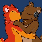 1:1 2023 anthro bear bearphones blue_background brown_bear brown_body brown_fur digital_media_(artwork) duo electronics eyes_closed fur grizzly_bear hand_on_hip hand_on_shoulder headphones kiss_on_lips kissing koda_(oga) male male/male mammal neck_tuft nude prate-dragon reaction_image side_view simple_background standing tuft ursine