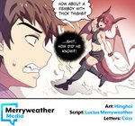 absurd_res animal_humanoid bodily_fluids brown_hair clothed clothing cute_fangs dialogue dragon dragon_humanoid duo english_text femboy hair hi_res human humanoid male mammal membrane_(anatomy) membranous_wings merryweatherey mythological_creature mythological_scalie mythology one_eye_closed princess_hinghoi profanity scalie sweat sweatdrop text wings