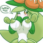 2018 anthro areola big_nipples blush bouncing_breasts breasts dialogue digital_media_(artwork) elemental_creature english_text erect_nipples exclamation_point eyelashes female flora_fauna generation_5_pokemon green_areola green_nipples green_text latiar leaf leaf_arms lilligant looking_at_viewer motion_lines mouthless nintendo nipples one_eye_closed plant pokemon pokemon_(species) pokemorph simple_background solo talking_to_viewer text