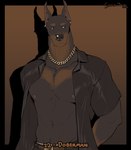 2023 abs anthro beard belt biceps bottomwear brown_body brown_fur canid canine canis clothed clothing digital_drawing_(artwork) digital_media_(artwork) dobermann domestic_dog ear_piercing ear_ring facial_hair facial_piercing fully_clothed fur hi_res jewelry male mammal muscular muscular_anthro muscular_male navel necklace nipples nose_piercing nose_ring nostril_ring open_clothing open_shirt open_topwear pants pecs piercing pinscher pose ring_piercing shirt solo timdoodles topwear underwear werecanid werecanine werecreature weredog