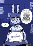 anthro clothed clothing comic computer dialogue digital_media_(artwork) electronics eyebrows female fur hair headgear headphones hi_res lagomorph laptop leporid mammal open_mouth rabbit renita_reed simple_background sitting solo spanish_text speech_bubble teeth text thick_eyebrows translated