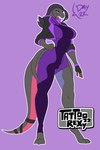 2022 anthro big_breasts black_body breasts clothing costume english_text female fingerless_gloves fur generation_7_pokemon gloves hair handwear hi_res jacket nintendo pokemon pokemon_(species) purple_body purple_eyes purple_fur purple_hair salazzle smile solo tail tattoorexy text topwear