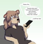 among_us anthro brown_hair canid canine comic dialogue english_text eyewear female fur glasses hair innersloth karina_(catjam) mammal orange_eyes profanity solo tan_body tan_fur text yan