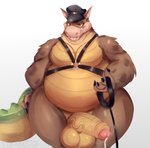 2020 activision anthro balls belly big_balls big_penis bodily_fluids canid canine canis clothed clothing collar crash_bandicoot_(series) crocodile crocodilian digital_media_(artwork) dingo dingodile fur genital_fluids genitals hat headgear headwear hi_res humanoid_genitalia humanoid_penis hybrid leather_daddy male mammal overweight overweight_anthro overweight_male penis precum reptile sad_tomato scalie simple_background solo teeth thick_penis thick_thighs