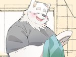 2024 4:3 anthro black_nose blush canid canine canis clothing domestic_dog eyes_closed hi_res inunoshippo kemono male mammal open_mouth overweight overweight_male shirt smile solo topwear