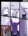 anthro buckteeth clothed clothing comic digital_media_(artwork) door exclamation_point female fur hair heart_symbol hi_res inside inverted_question_mark lagomorph leporid lips madness_combat madness_combat_(series) mammal peace_symbol pink_lips pink_nose purple_body purple_fur purple_hair question_mark rabbit shirt solo spanish_text tank_top teeth text topwear towel translated usuario2_(artist) victoria_violeta_(usuario2)