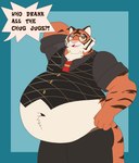 absurd_res anthro belly big_belly bodily_fluids bottomwear clothed clothing epic_games fangs felid fortnite fur ghostshiny hi_res male mammal necktie notched_ear obese orange_body orange_fur oscar_(fortnite) overweight overweight_male pantherine pants pink_nose red_necktie shirt solo stripes sweat sweatdrop teeth text tiger tight_clothing topwear vest