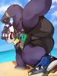 alp_(tas) anthro beach bear belly blush bottomwear breakdancing clothing dancing footwear fur giant_panda hi_res itatuki_78 lifewonders male mammal overweight purple_body purple_fur shoes shorts sneakers solo tokyo_afterschool_summoners yellow_eyes