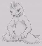 2016 anthro bodily_fluids cum female generation_1_pokemon genital_fluids genitals graphite_(artwork) machop monochrome nintendo open_mouth plump_labia pokemon pokemon_(species) pussy simple_background solo spread_legs spreading traditional_media_(artwork) vaginal_fluids white_background yaroul