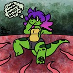 1:1 anthro comic female gradient_hair green_body green_scales green_spots hair hole_(pit) lizard messy_hair oblivious pants_only pink_hair purple_hair queen_susie reptile scales scalie scar senses_blocked_trap signature solo spots stuck stuck_in_ground tail tentacle_pit tentacle_trap tentacles thick_tail thought_bubble trixie_(queen_susie) unawareacles underbelly yellow_underbelly