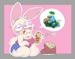 2024 3d_(artwork) 4_fingers anthro bag big_breasts blue_bottomwear blue_clothing blue_eyes blue_shorts blush blush_lines bottomwear breasts bubble can chips_(food) cigarette cleavage clothed clothing container crumbs crumbs_on_face digital_media_(artwork) dolphin_shorts drunk drunk_bubble eyebrows eyelashes female fingers flat_colors food food_between_breasts full-length_portrait fully_clothed fur geometric_background holding_can holding_cigarette holding_container holding_object huge_thighs inner_ear_fluff jackie_(shoobular) lagomorph leporid long_ears looking_at_viewer mammal mixed_media narrowed_eyes open_mouth open_smile outline pianta_(super_mario_sunshine) pictographics pink_clothing pink_nose pink_topwear pink_tube_top portrait rabbit red_tongue scut_tail shoobular short_stack short_tail shorts simple_background sitting smile smoke solo speech_bubble substance_intoxication tail tan_body tan_fur thick_thighs three-quarter_view tongue topwear tube_top tuft unknown_artist white_outline