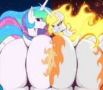 aeroartz ass_to_ass big_butt butt cutie_mark daybreaker_(mlp) dock_(anatomy) duo equid equine eyelashes female female/female feral fire flaming_hair friendship_is_magic grin hair hasbro hi_res hip_to_hip horn horse huge_butt mammal multicolored_hair my_little_pony mythological_creature mythological_equine mythology pony presenting presenting_hindquarters princess_celestia_(mlp) pseudo_hair rainbow_hair rear_view sharp_teeth smile square_crossover tail take_your_pick teeth tongue tongue_out winged_unicorn wings