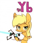 2015 4:5 applejack_(mlp) blonde_hair blush crossover earth_pony english_text equid equine female friendship_is_magic green_eyes hair hasbro horse joycall3 laser mammal my_little_pony pony portal_(series) portal_gun solo text valve ytterbium