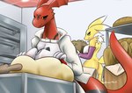 anthro baker bakery bandai_namco bread canid digimon digimon_(species) duo female food guilmon hi_res mammal renamon sarctrue