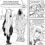 1:1 absurd_res arknights baalbuddy clothed clothing comic dialogue duo english_text female hair hi_res horn horned_humanoid human humanoid humanoid_pointy_ears humor hypergryph male mammal monochrome not_furry pointy_ears shining_(arknights) studio_montagne text