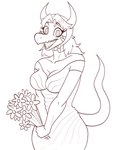 2024 anthro black_and_white breasts cavemanon_studios clothing compsognathid compsognathus dinosaur dress female flower_accessory goodbye_volcano_high hi_res monochrome mozzieslaya prehistoric_species prom reptile scalie schizo_chan_(snoot_game) smile snoot_game solo standing theropod