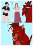 absurd_res aerith_gainsborough asking_another border clothed clothing dialogue ear_piercing ear_ring felid female feral final_fantasy final_fantasy_vii fur green_eyes group hi_res human kingchan lion male mammal pantherine piercing red_body red_eyes red_fur red_xiii ring_piercing scar square_enix thong_straps tifa_lockhart trio white_border yellow_eyes