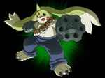 4:3 ammo_belt anthro bandai_namco beady_eyes bottomwear claws clothing denim denim_bottomwear denim_clothing digimon digimon_(species) fallacies fur gargomon green_body green_fur gun_arm hi_res horn jeans male pants shirtless slightly_chubby solo