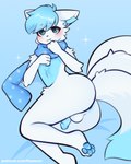 anthro anus balls blue_body blue_fur blue_hair blush butt cheek_tuft facial_tuft femboy fiamourr fluffy fluffy_tail fox_spirit frost_winterfall fur genitals hair hi_res humanoid_genitalia humanoid_penis lying male multi_tail on_side pawpads paws penis scarf shy solo tail text tuft url white_body white_fur