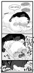 2023 absurd_res anthro bear bepo_(one_piece) bite blush bodily_fluids butt clothing comic cum cum_on_hand duo genital_fluids greyscale hi_res human human_on_anthro humanoid_hands interspecies male male/male mammal minkmen_(one_piece) monochrome nekokat42 one_piece overweight overweight_male polar_bear shirt surprise topwear trafalgar_law ursine